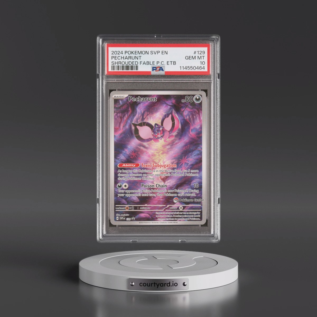 2024 Pokémon Svp EN-SV Black Star Promo #129 Pecharunt - Shrouded Fable Pokemon Center Elite Trainer Box (PSA 10 GEM MINT)