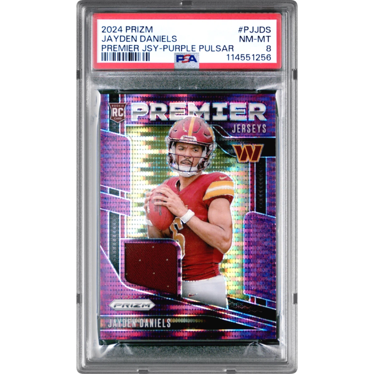 2024 Panini Prizm Premier Jerseys #PJJDS Jayden Daniels - Purple Pulsar (PSA 8 NM-MT)