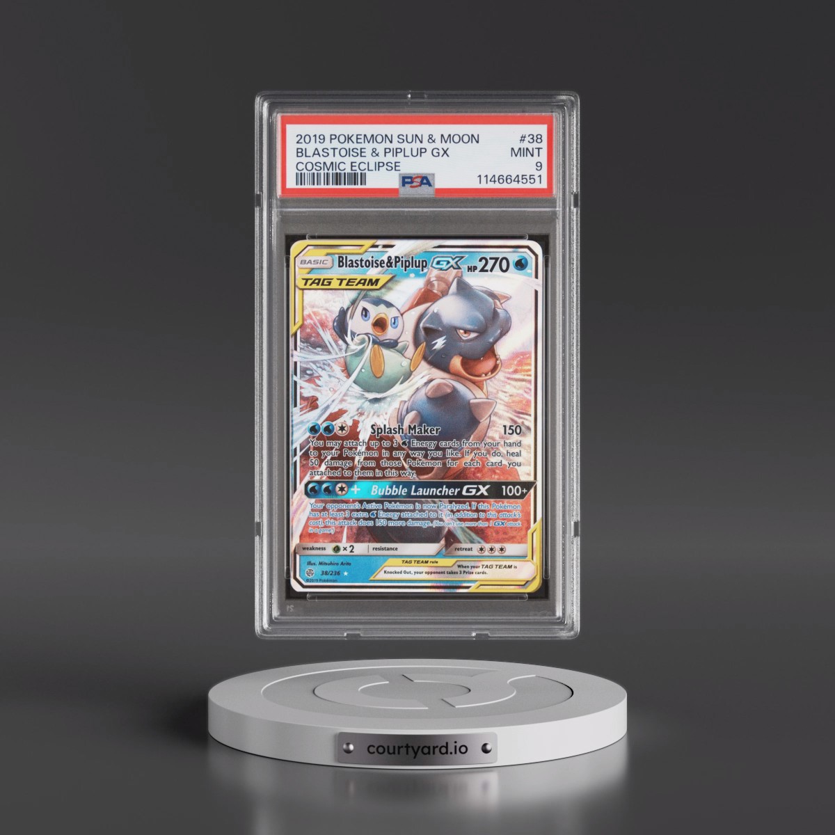2019 Pokémon Sun & Moon Cosmic Eclipse #38 Blastoise & Piplup GX - Holo (PSA 9 MINT)