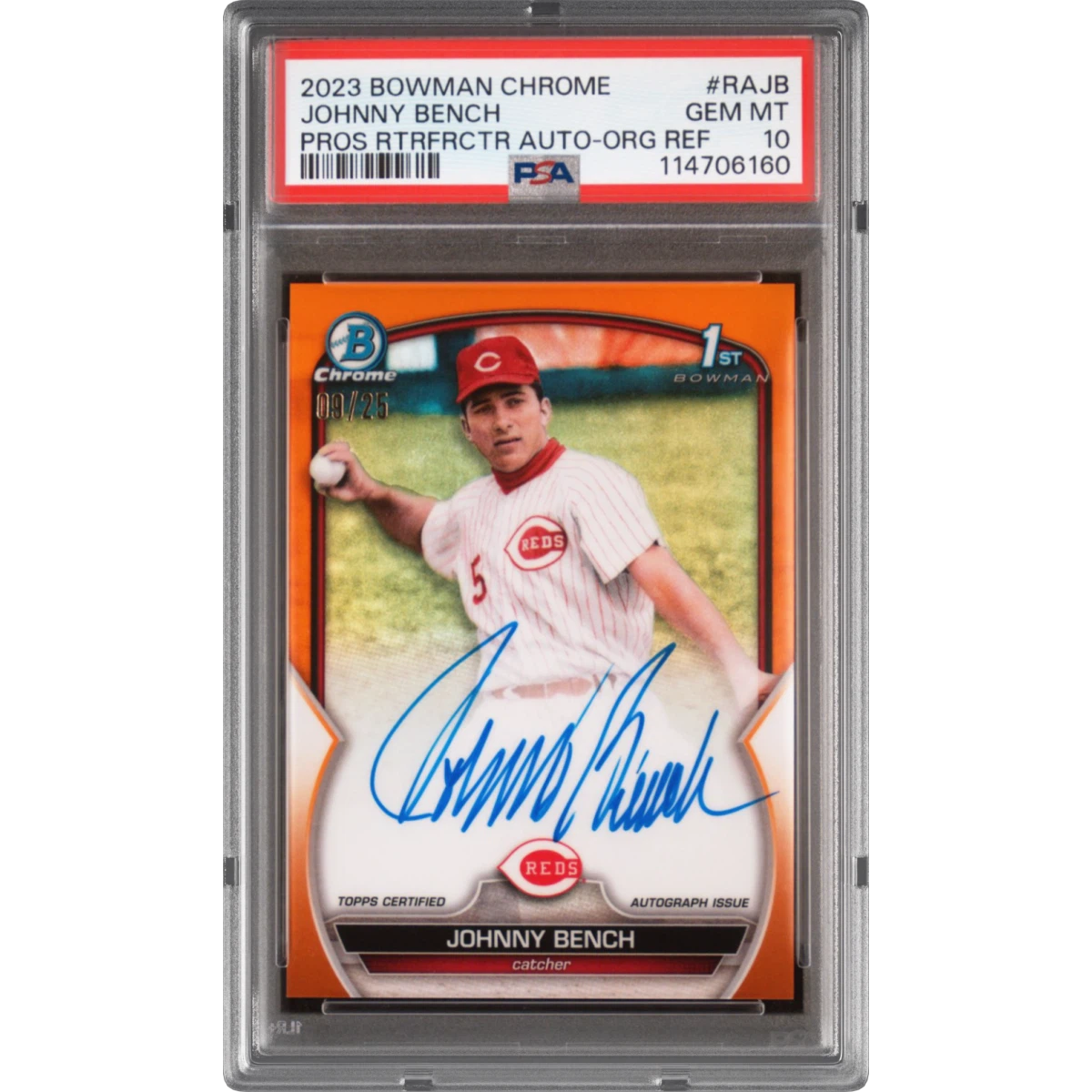 2023 Bowman Chrome Prospect Retrofractor Autograph #RAJB Johnny Bench - Orange Refractor (PSA 10 GEM MINT)