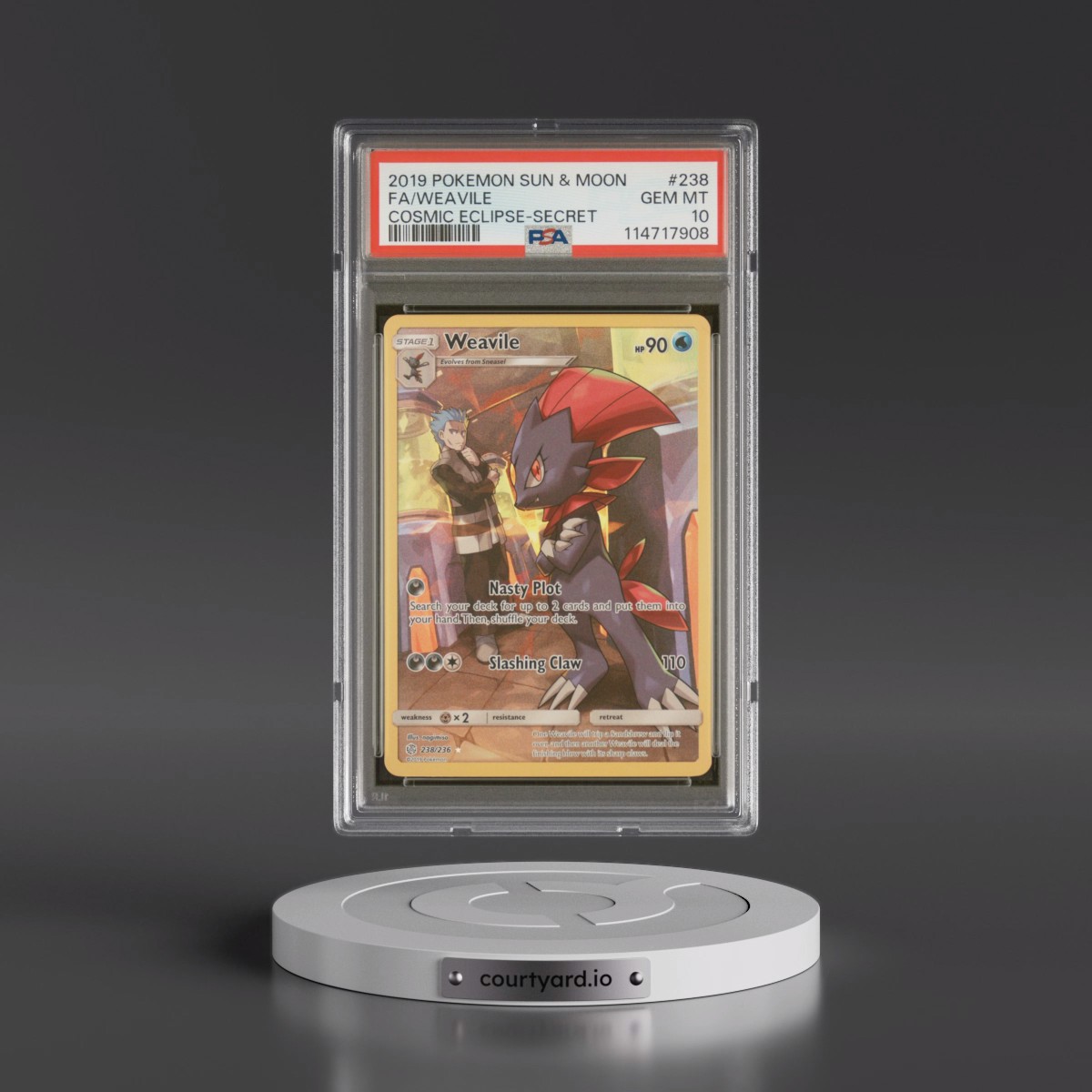 2019 Pokémon Sun & Moon Cosmic Eclipse #238 Weavile - Full Art Secret (PSA 10 GEM MINT)