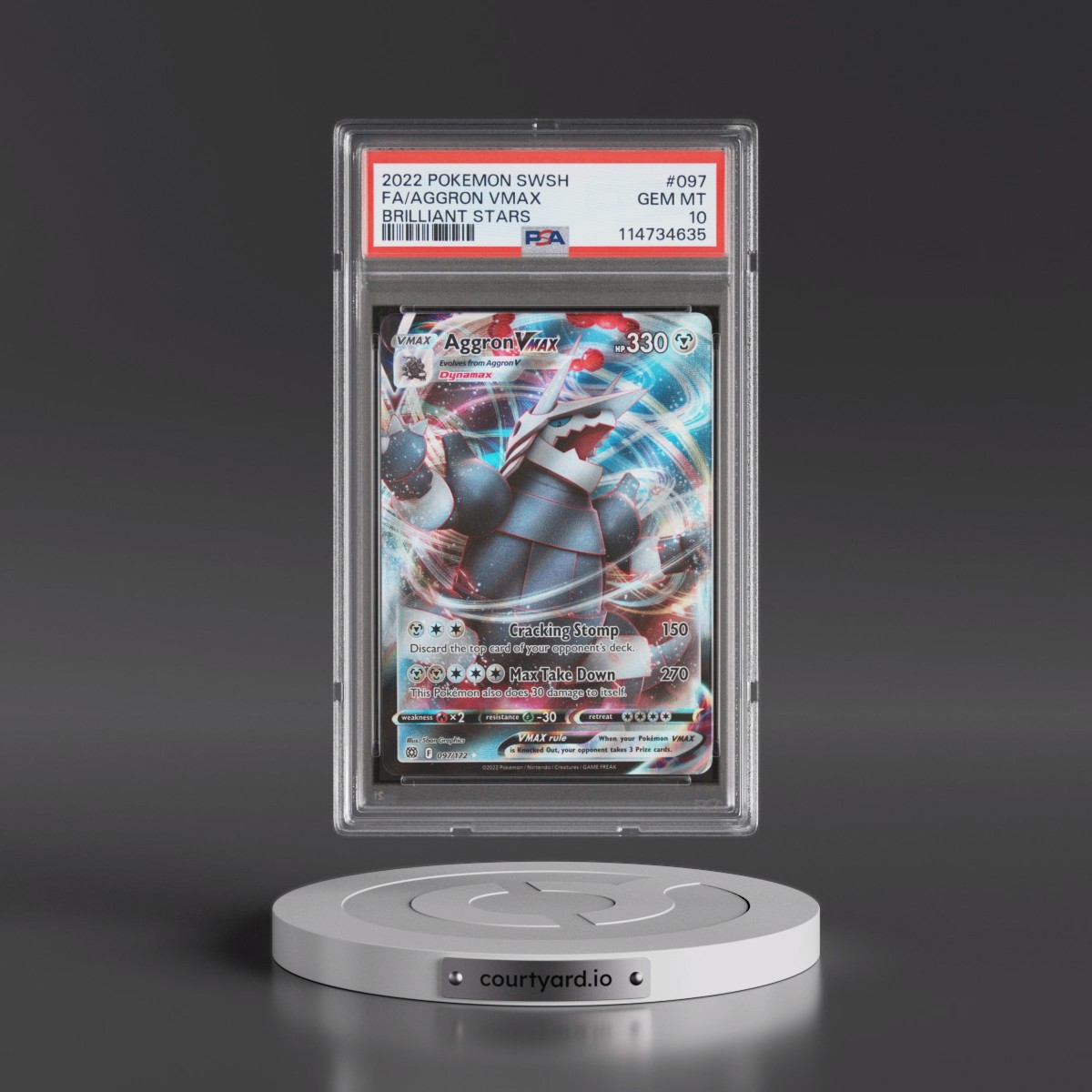 2022 Pokémon Sword & Shield Brilliant Stars #097 Aggron Vmax - Full Art (PSA 10 GEM MINT)
