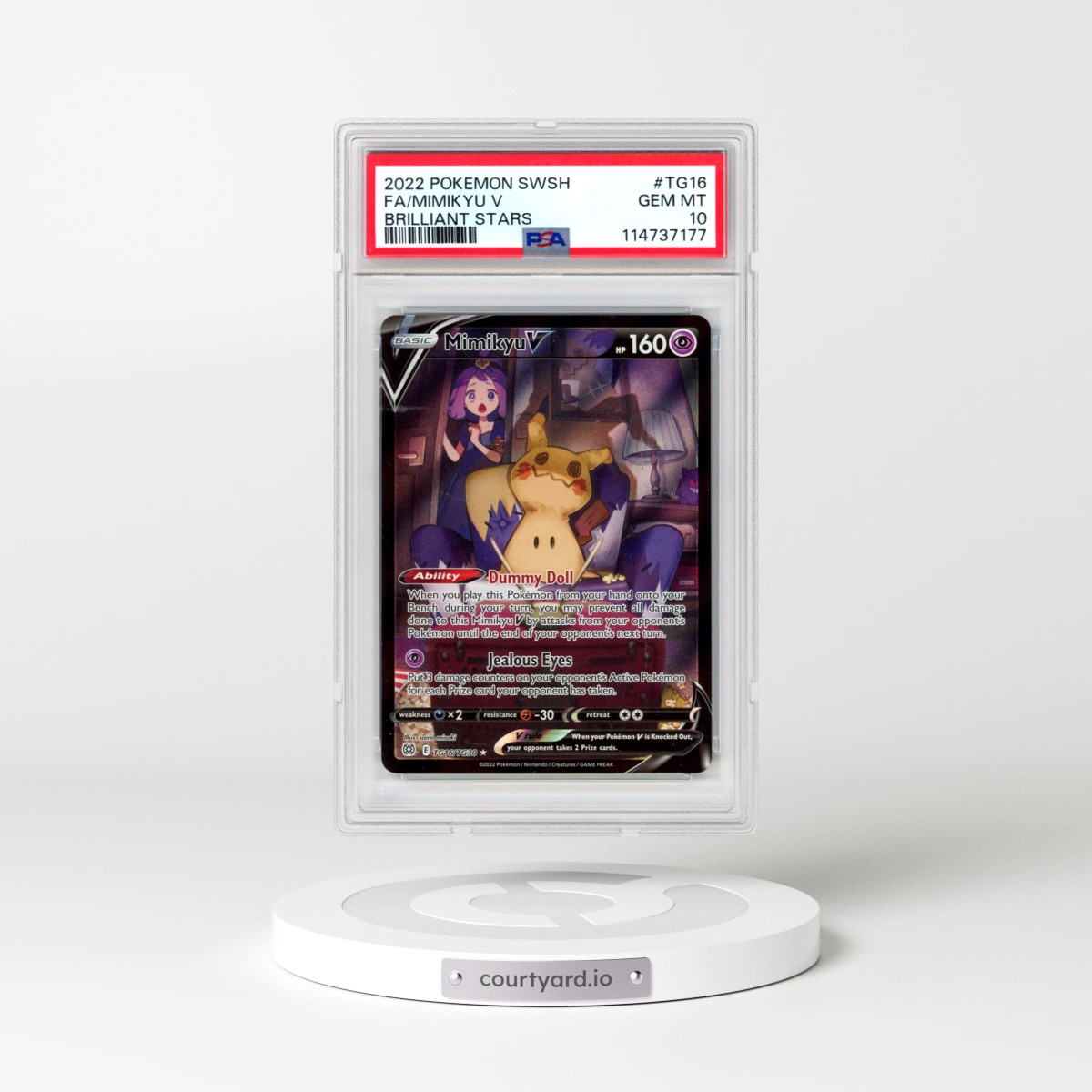 2022 Pokémon Sword & Shield Brilliant Stars #TG16 Mimikyu V - Holo Full Art (PSA 10 GEM MINT)