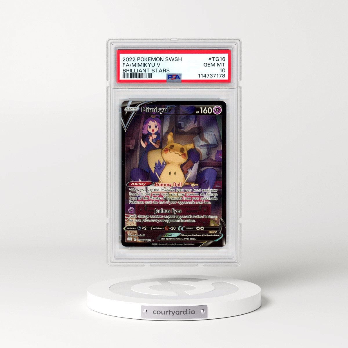 2022 Pokémon Sword & Shield Brilliant Stars #TG16 Mimikyu V - Holo Full Art (PSA 10 GEM MINT)