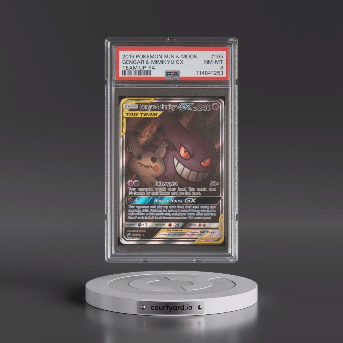 2019 Pokémon Sun & Moon Team Up #165 Gengar & Mimikyu GX - Holo Full Art (PSA 8 NM-MT)