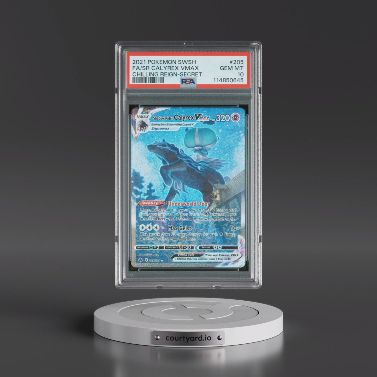 2021 Pokémon Sword & Shield Chilling Reign #205 Shadow Rider Calyrex Vmax - Full Art Secret (PSA 10 GEM MINT)