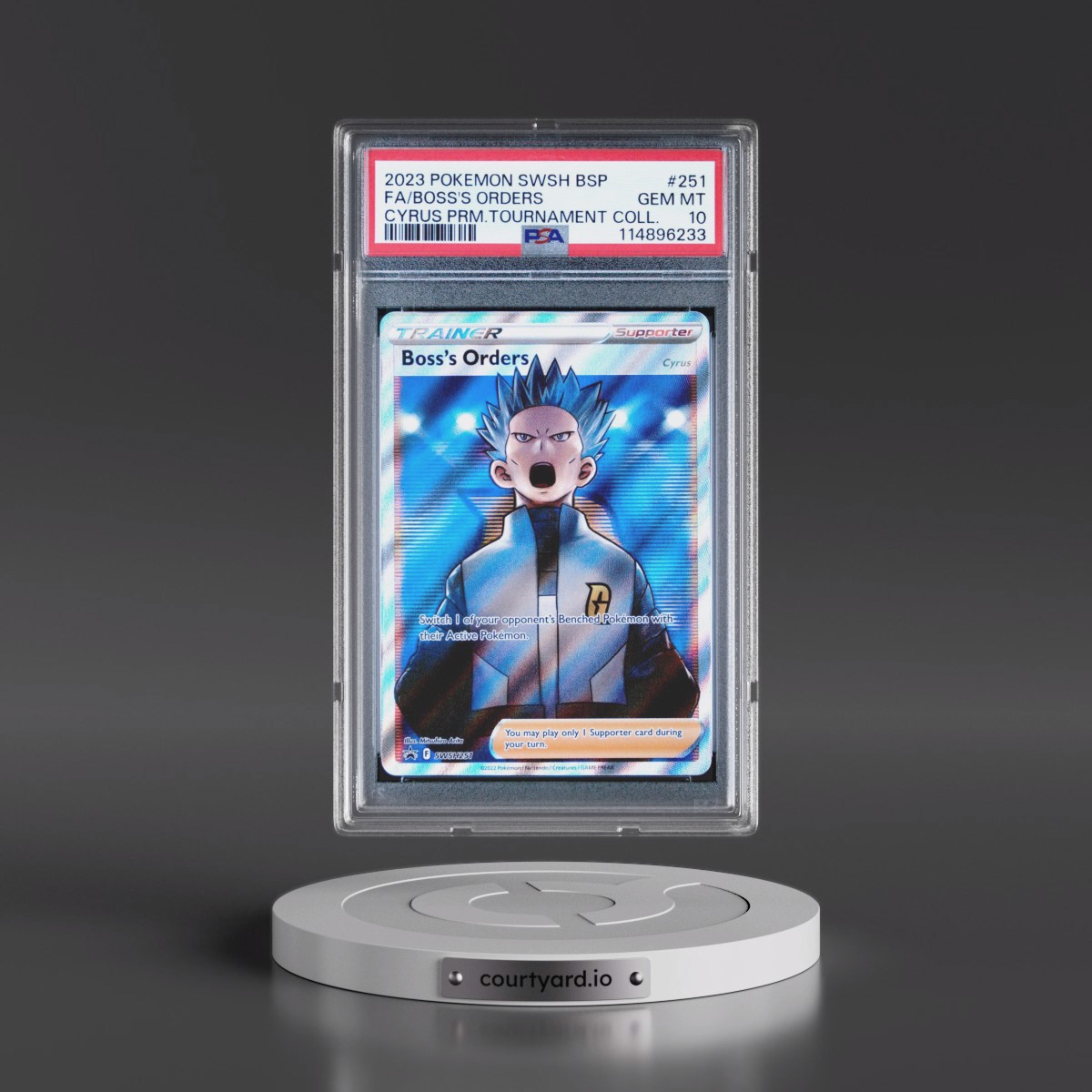 2023 Pokémon Swsh Black Star Promo #251 Boss's Orders - Full Art Cyrus Premium Tournament Collection (PSA 10 GEM MINT)