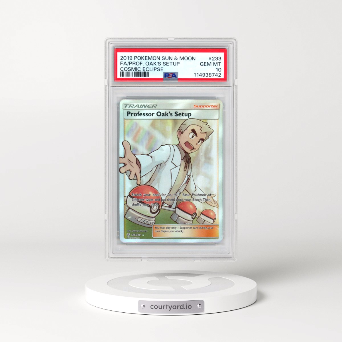 2019 Pokémon Sun & Moon Cosmic Eclipse #233 Professor Oak's Setup - Full Art (PSA 10 GEM MINT)