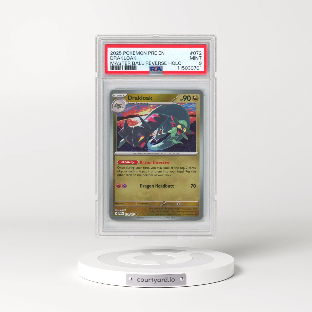 2025 Pokémon Pre EN-Prismatic Evolutions #072 Drakloak - Reverse Holo Master Ball (PSA 9 MINT)