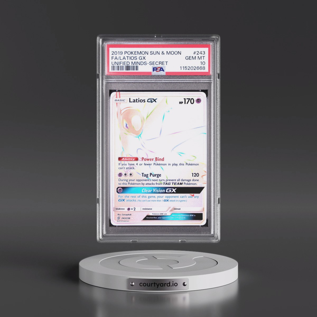 2019 Pokémon Sun & Moon Unified Minds #243 Latios GX - Holo Full Art Secret (PSA 10 GEM MINT)