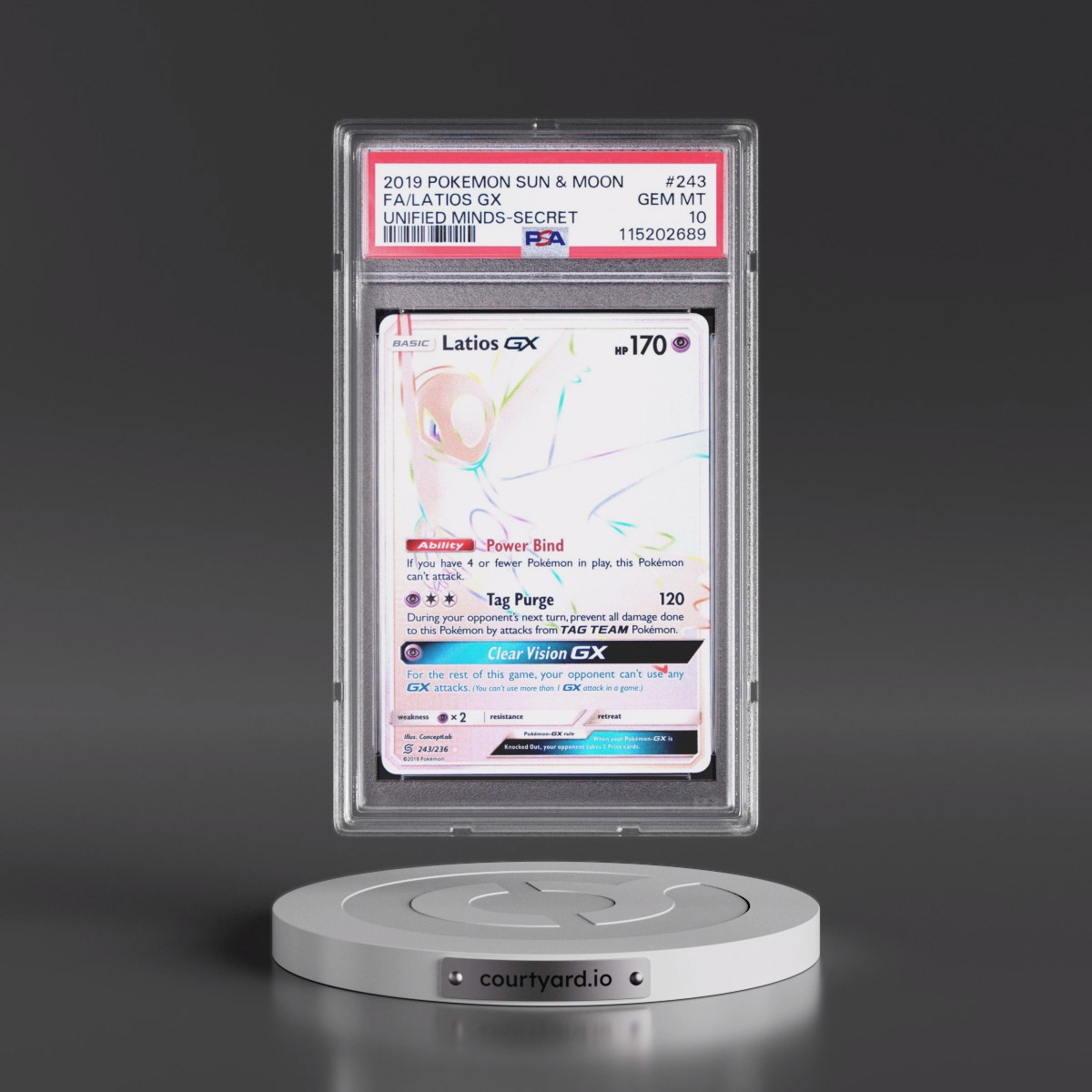 2019 Pokémon Sun & Moon Unified Minds #243 Latios GX - Holo Full Art Secret (PSA 10 GEM MINT)