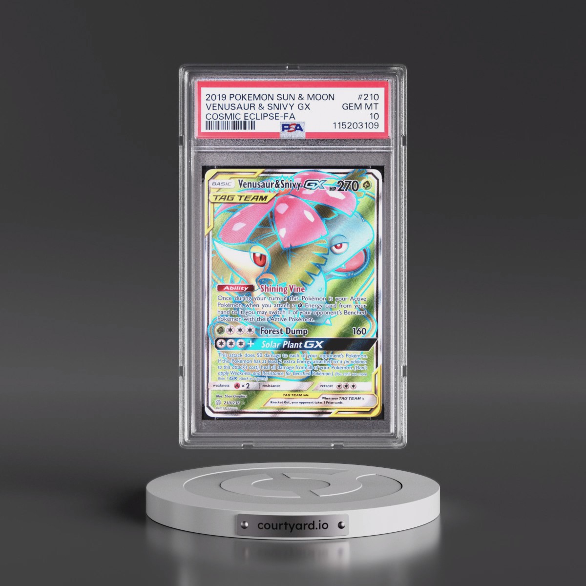 2019 Pokémon Sun & Moon Cosmic Eclipse #210 Venusaur & Snivy GX - Holo Full Art (PSA 10 GEM MINT)