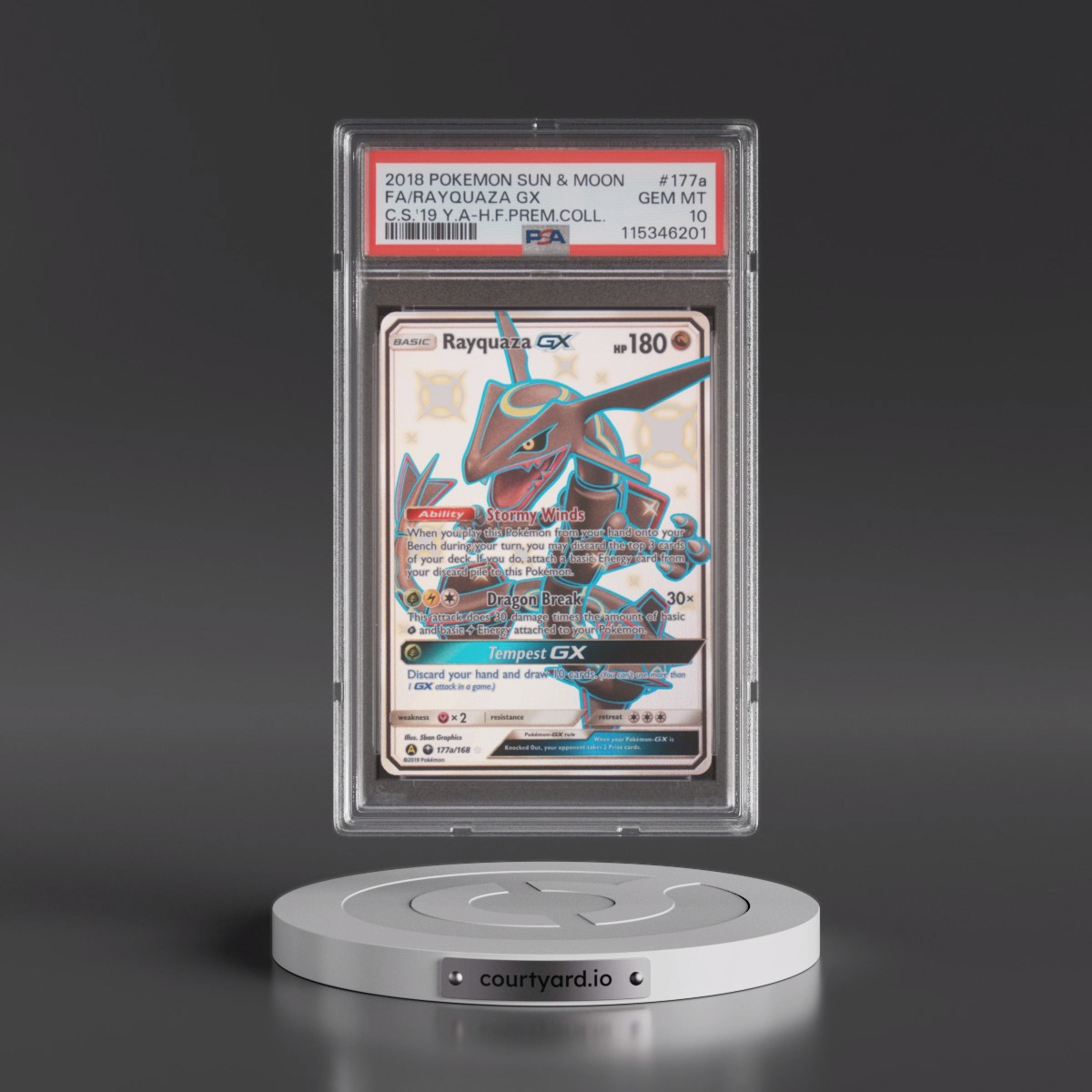 2018 Pokémon Sun & Moon Celestial Storm #177a Rayquaza GX - Holo Full Art 2019 Yellow A Hidden Fates Premium Collection (PSA 10 GEM MINT)
