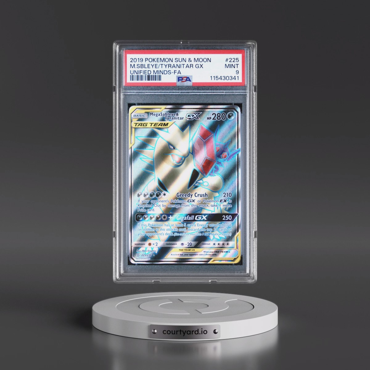 2019 Pokémon Sun & Moon Unified Minds #225 Mega Sableye & Tyranitar GX - Holo Full Art (PSA 9 MINT)