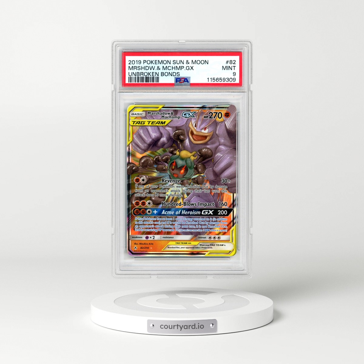 2019 Pokémon Sun & Moon Unbroken Bonds #82 Marshadow & Machamp GX - Holo (PSA 9 MINT)