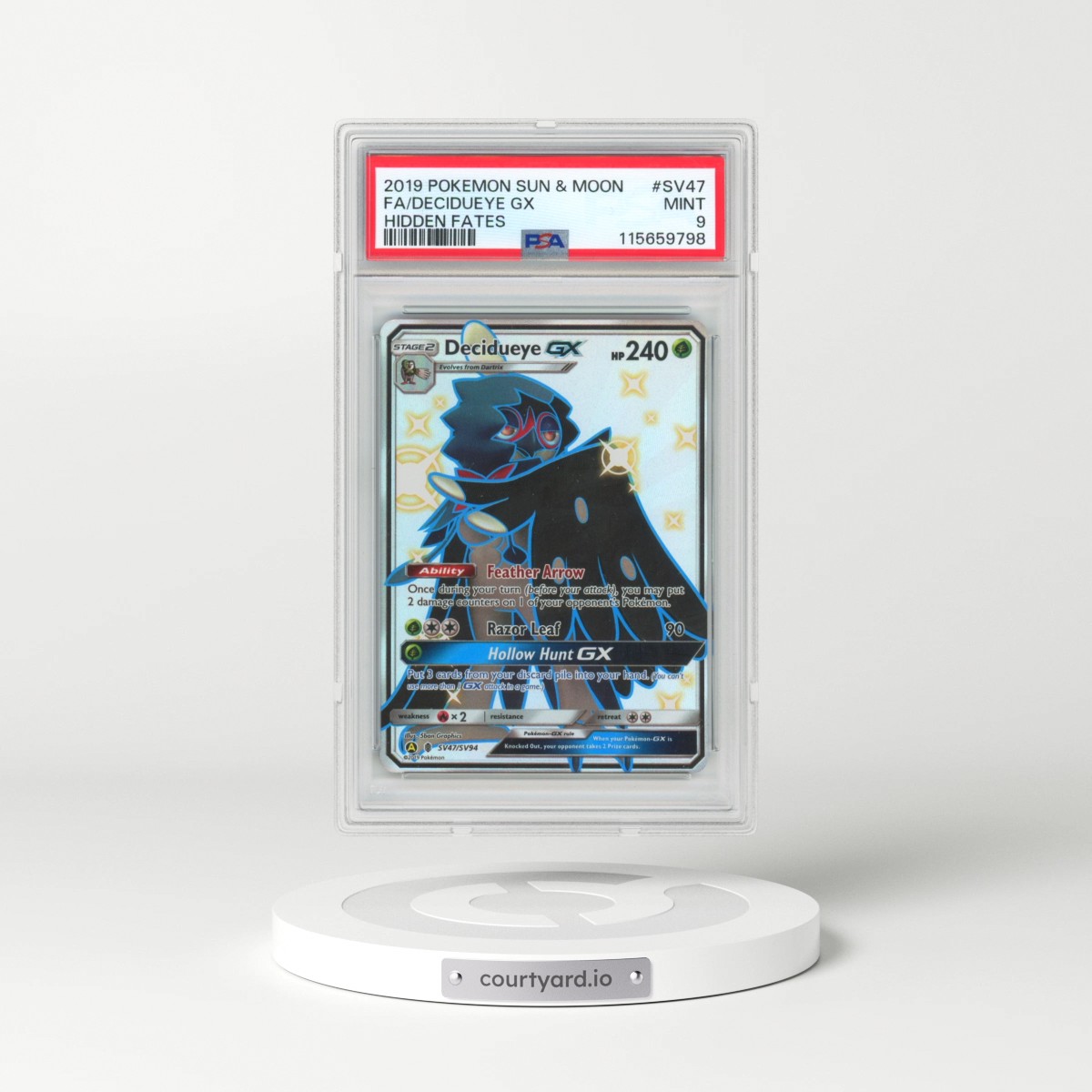 2019 Pokémon Sun & Moon Hidden Fates #SV47 Decidueye GX - Holo Full Art (PSA 9 MINT)