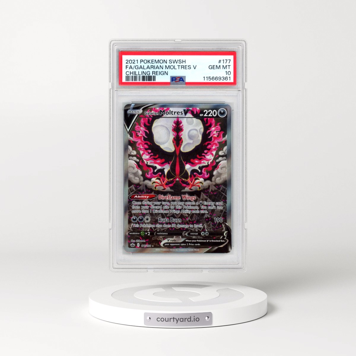 2021 Pokémon Sword & Shield Chilling Reign #177 Galarian Moltres V - Holo Full Art (PSA 10 GEM MINT)