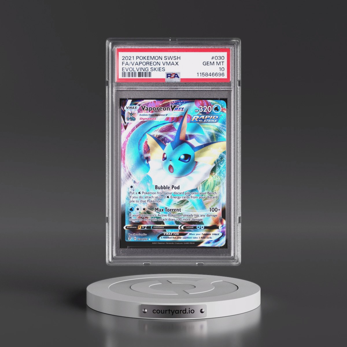 2021 Pokémon Sword & Shield Evolving Skies #030 Vaporeon Vmax - Full Art (PSA 10 GEM MINT)