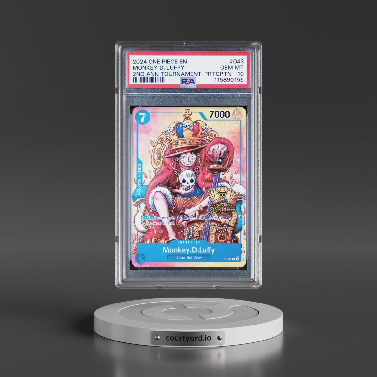 2024 One Piece Promos #043 Monkey D. Luffy - 2nd Anniversary Tournament-Participation (PSA 10 GEM MINT)