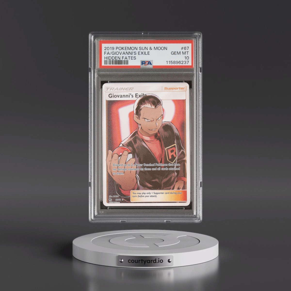 2019 Pokémon Sun & Moon Hidden Fates #67 Giovanni's Exile - Full Art (PSA 10 GEM MINT)