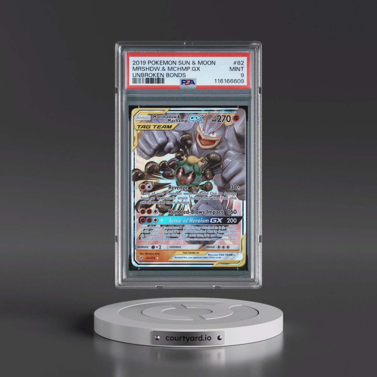 2019 Pokémon Sun & Moon Unbroken Bonds #82 Marshadow & Machamp GX - Holo (PSA 9 MINT)