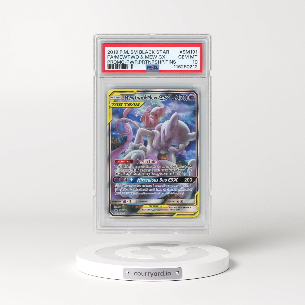 2019 Pokémon SM Black Star Promo #SM191 Mewtwo & Mew GX - Holo Full Art Power Partnership Tins (PSA 10 GEM MINT)