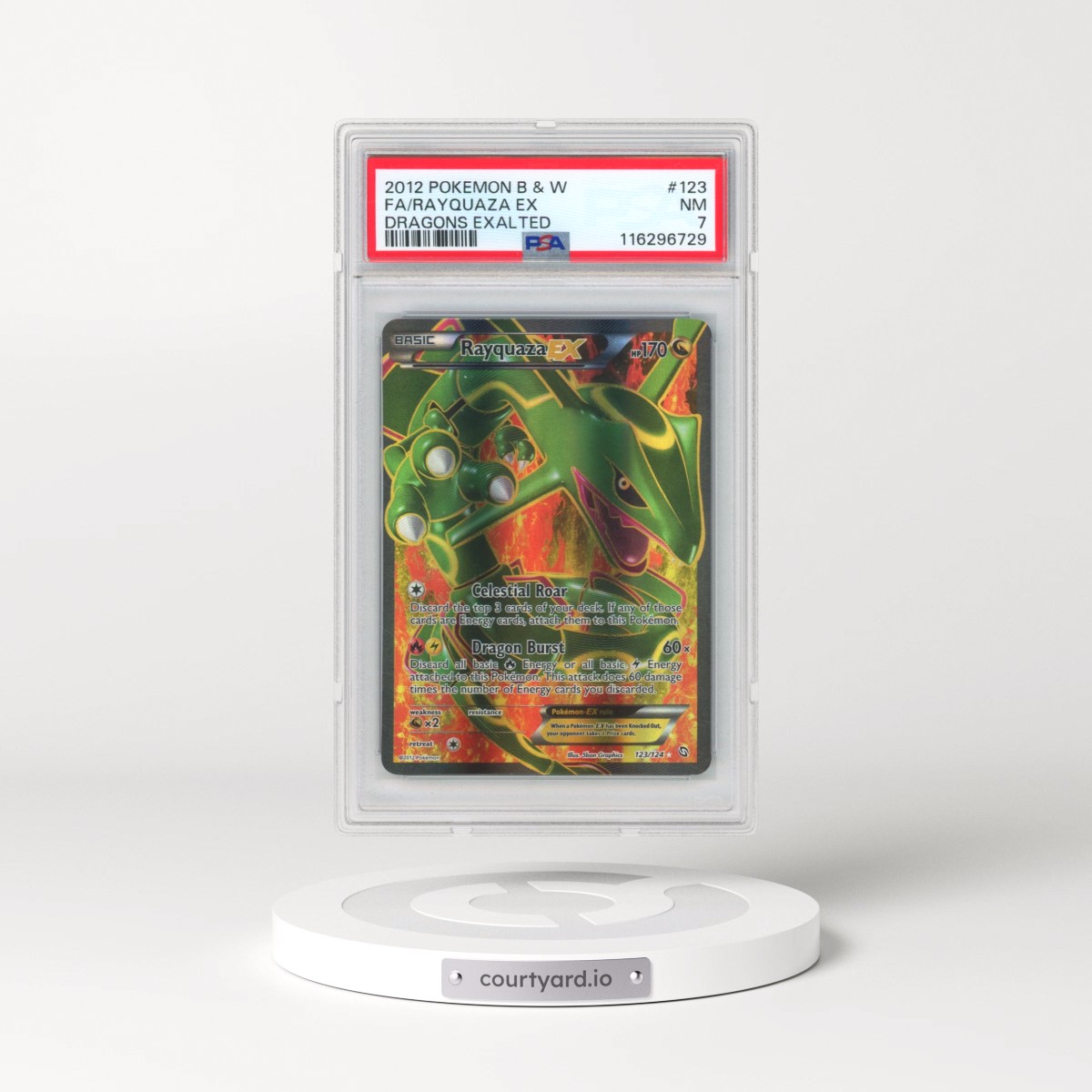 2012 Pokémon Black & White Dragons Exalted #123 Rayquaza EX - Holo Full Art (PSA 7 NM)