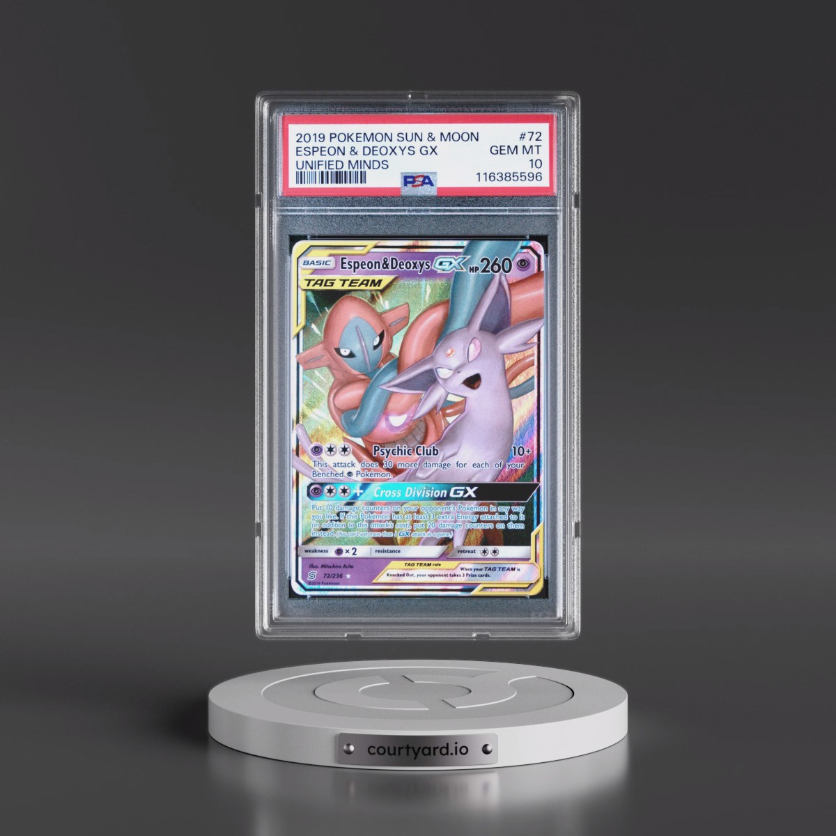 2019 Pokémon Sun & Moon Unified Minds #72 Espeon & Deoxys GX - Holo (PSA 10 GEM MINT)