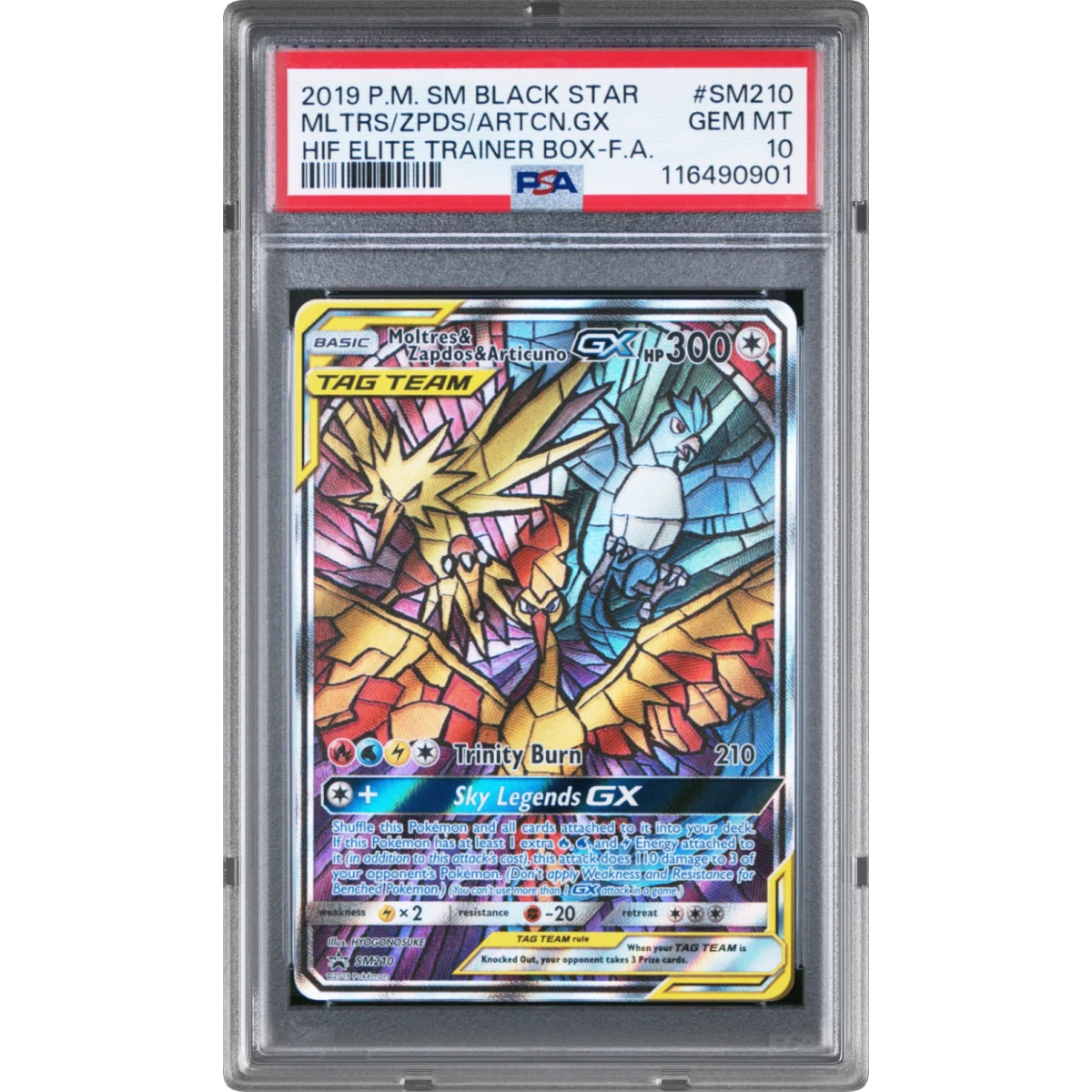 2019 Pokémon SM Black Star Promo #SM210 Moltres & Zapdos & Articuno GX - Holo Full Art Hidden Fates Elite Trainer Box (PSA 10 GEM MINT)