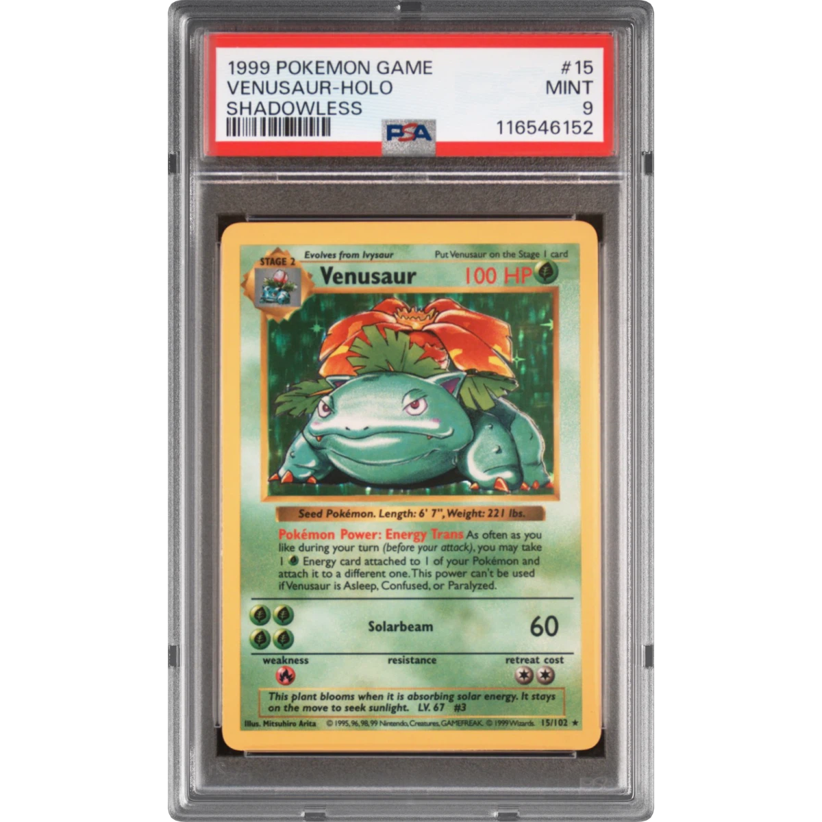 1999 Pokémon Game #15 Venusaur - Holo Shadowless (PSA 9 MINT)