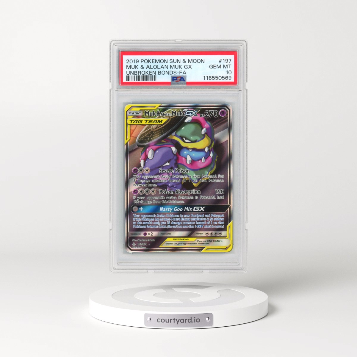 2019 Pokémon Sun & Moon Unbroken Bonds #197 Muk & Alolan Muk GX - Holo Full Art (PSA 10 GEM MINT)
