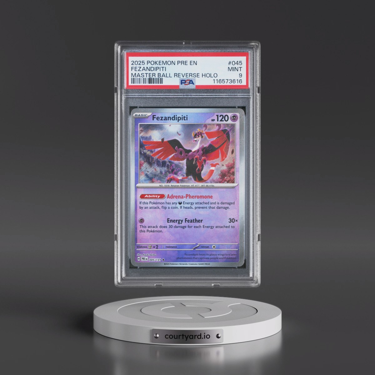2025 Pokémon Pre EN-Prismatic Evolutions #045 Fezandipiti - Reverse Holo Master Ball (PSA 9 MINT)