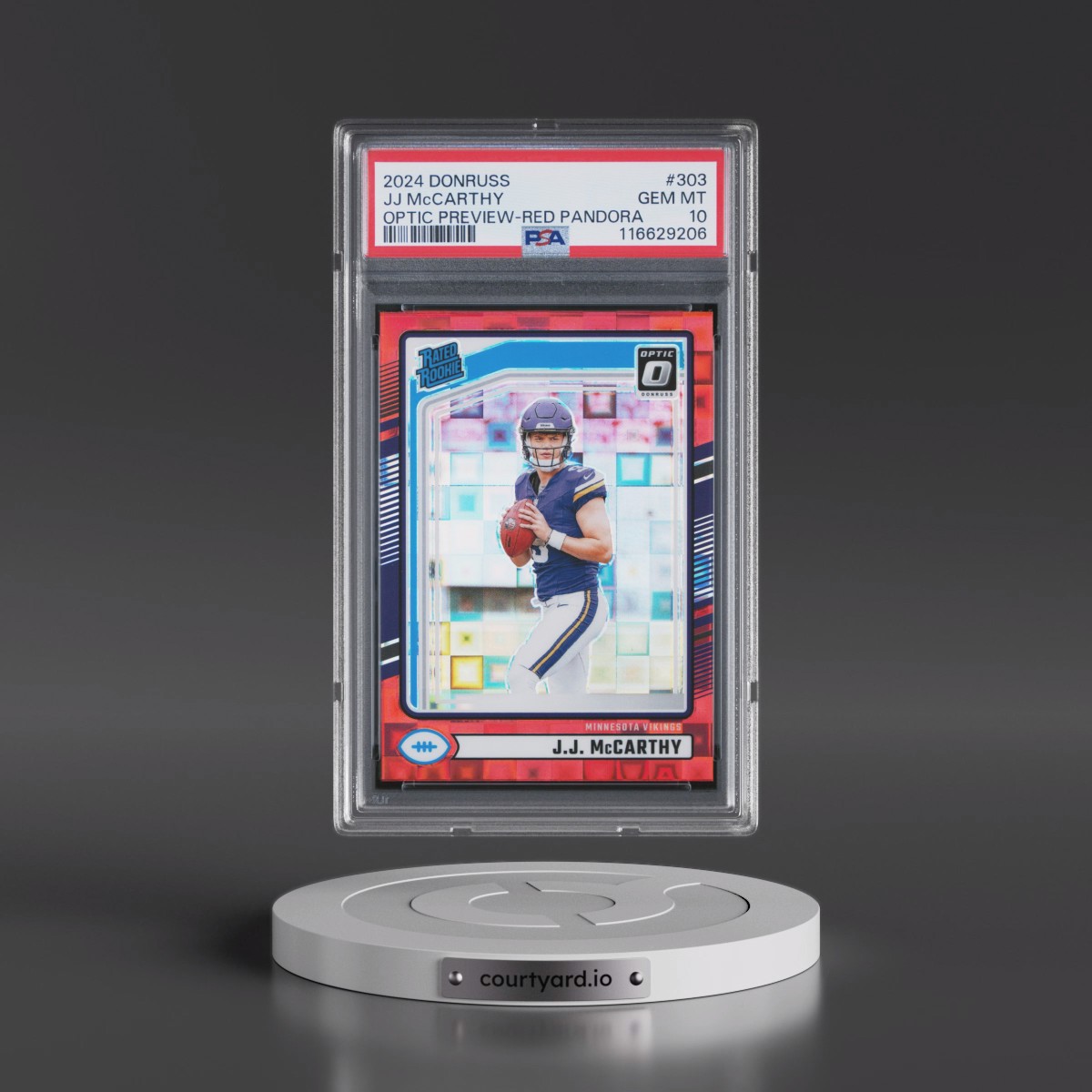 2024 Panini Donruss #303 JJ McCarthy - Optic Preview-Red Pandora (PSA 10 GEM MINT)
