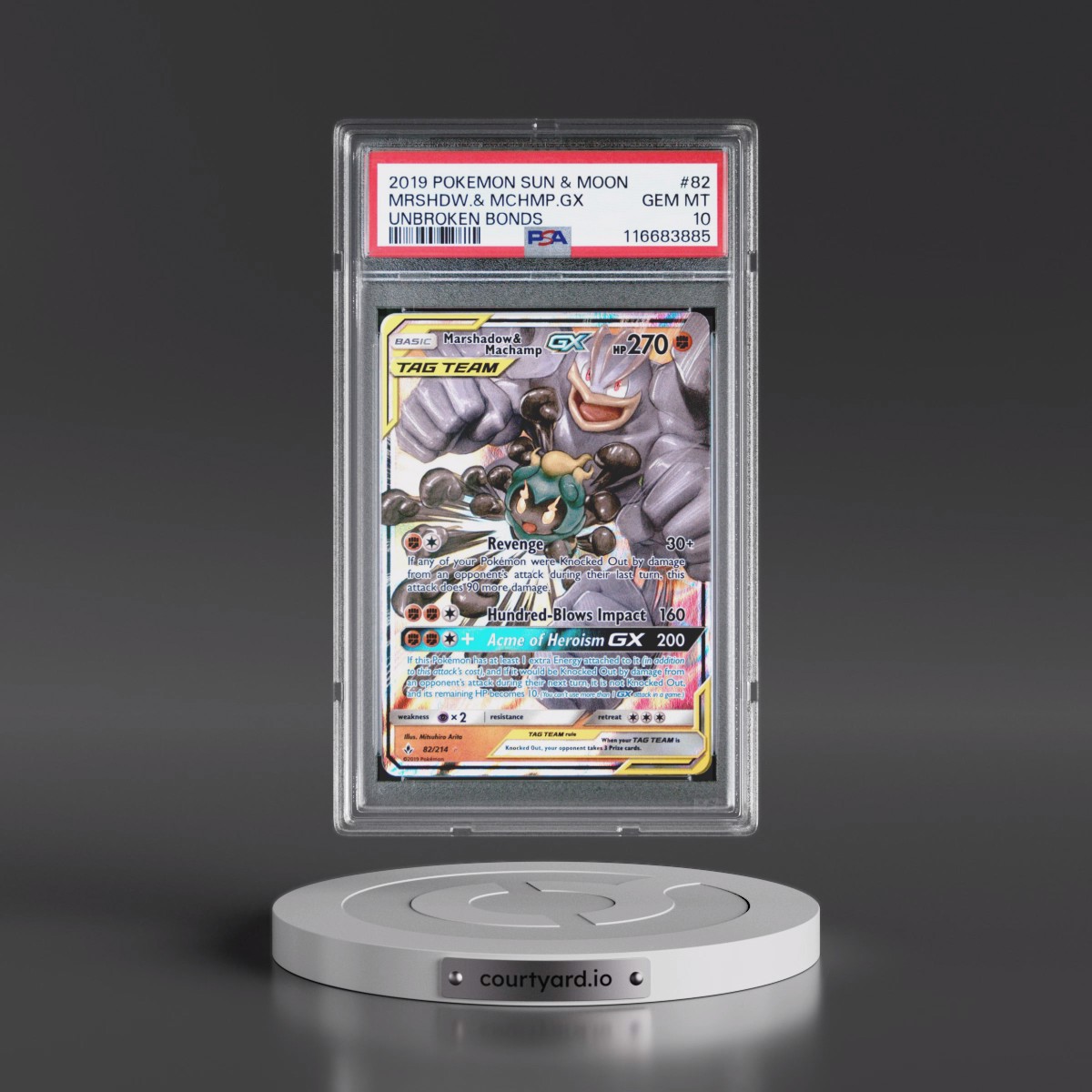 2019 Pokémon Sun & Moon Unbroken Bonds #82 Marshadow & Machamp GX - Holo (PSA 10 GEM MINT)