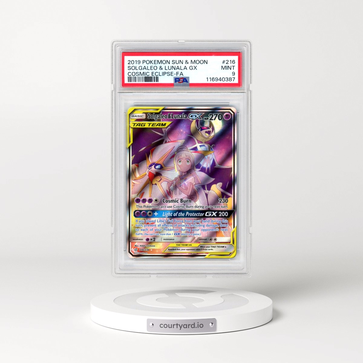 2019 Pokémon Sun & Moon Cosmic Eclipse #216 Solgaleo & Lunala GX - Holo Full Art (PSA 9 MINT)