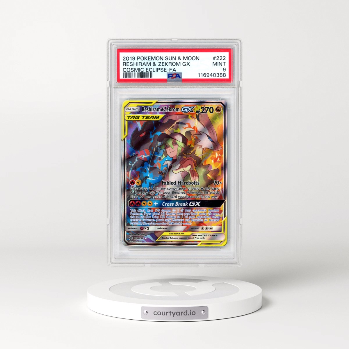 2019 Pokémon Sun & Moon Cosmic Eclipse #222 Reshiram & Zekrom GX - Holo Full Art (PSA 9 MINT)