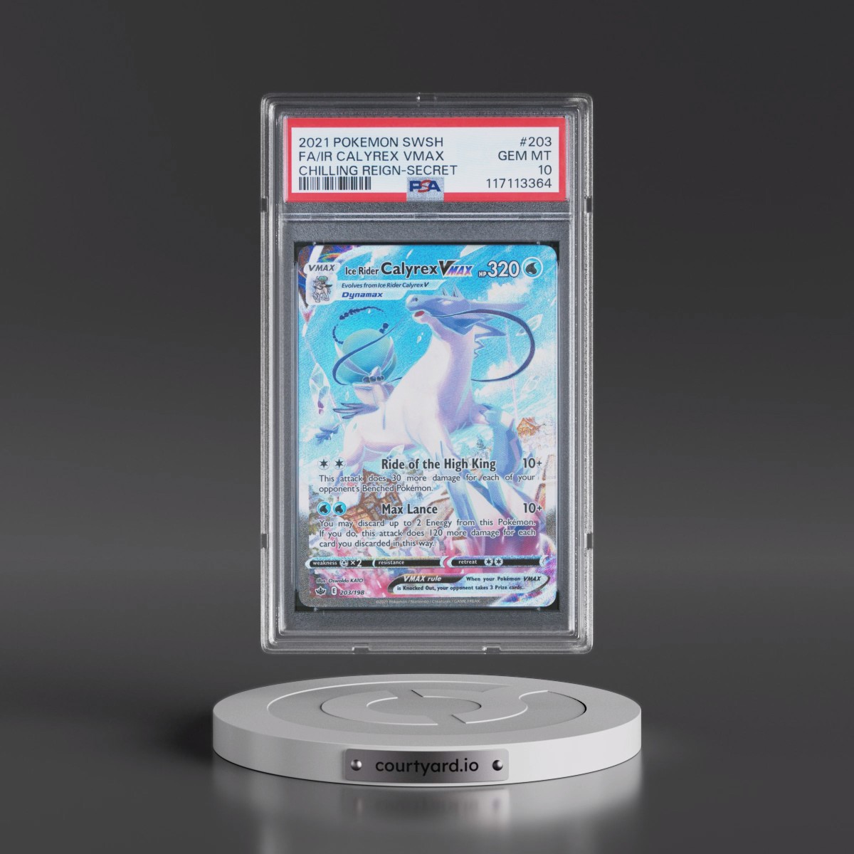 2021 Pokémon Sword & Shield Chilling Reign #203 Ice Rider Calyrex Vmax - Full Art Secret (PSA 10 GEM MINT)