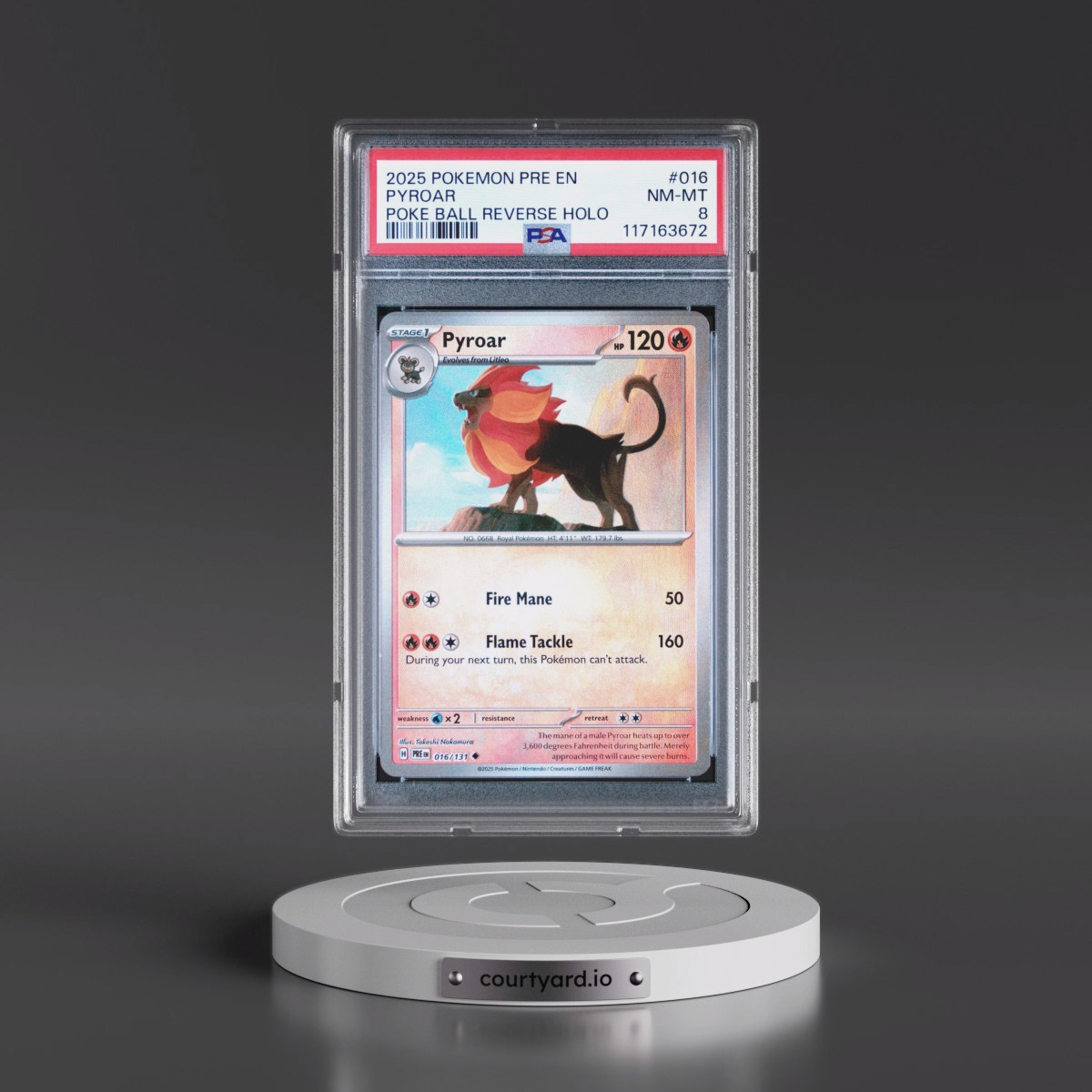 2025 Pokémon Pre EN-Prismatic Evolutions #016 Pyroar - Reverse Holo Poke Ball (PSA 8 NM-MT)