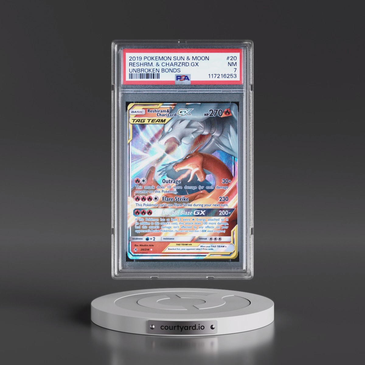 2019 Pokémon Sun & Moon Unbroken Bonds #20 Reshiram & Charizard GX - Holo (PSA 7 NM)