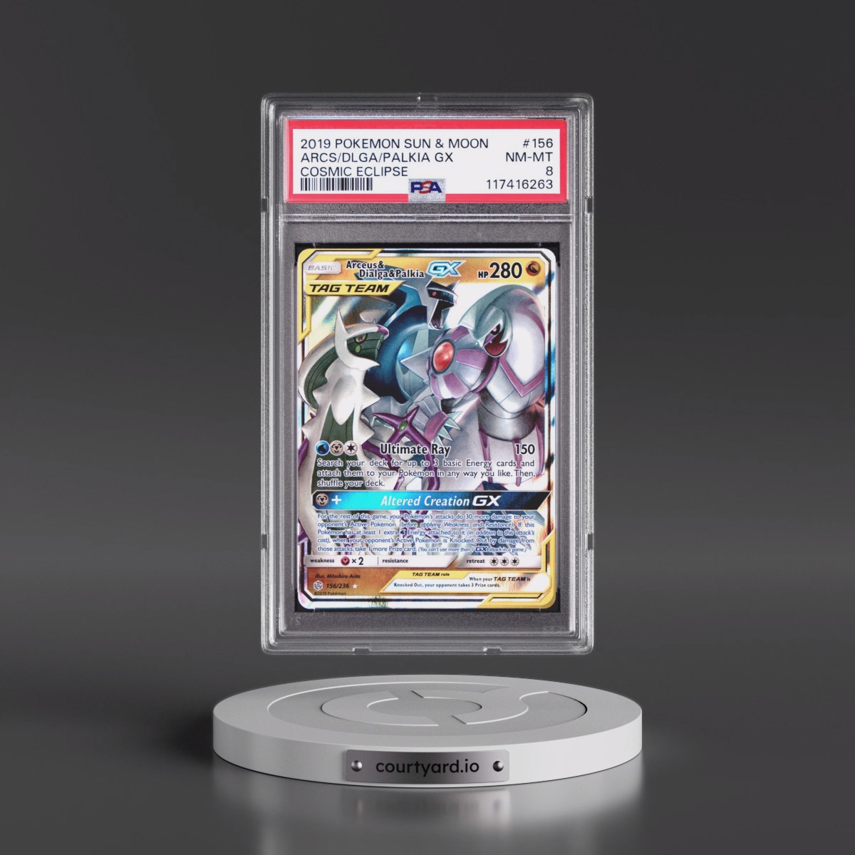 2019 Pokémon Sun & Moon Cosmic Eclipse #156 Arceus & Dialga & Palkia GX - Holo (PSA 8 NM-MT)