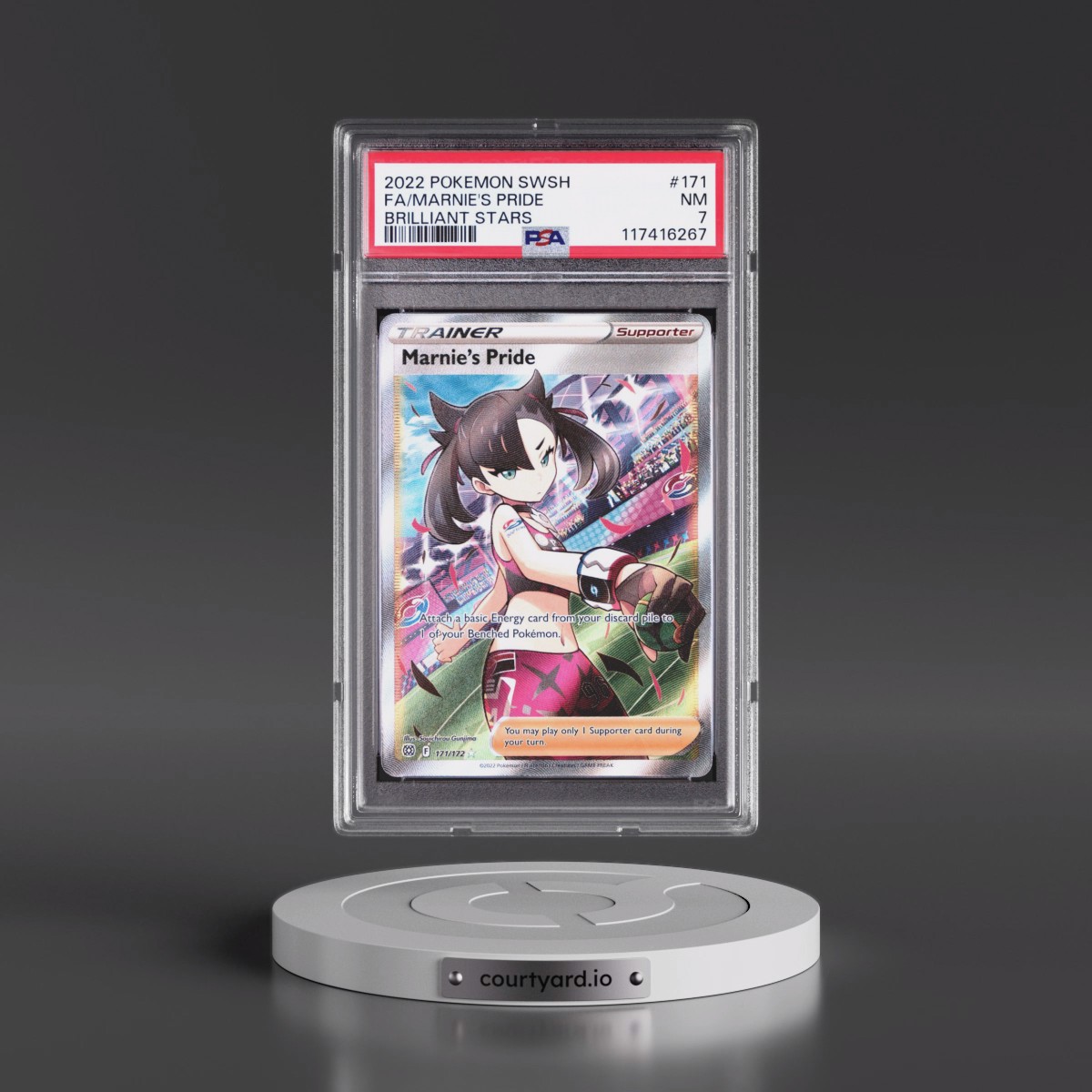 2022 Pokémon Sword & Shield Brilliant Stars #171 Marnie's Pride - Full Art (PSA 7 NM)