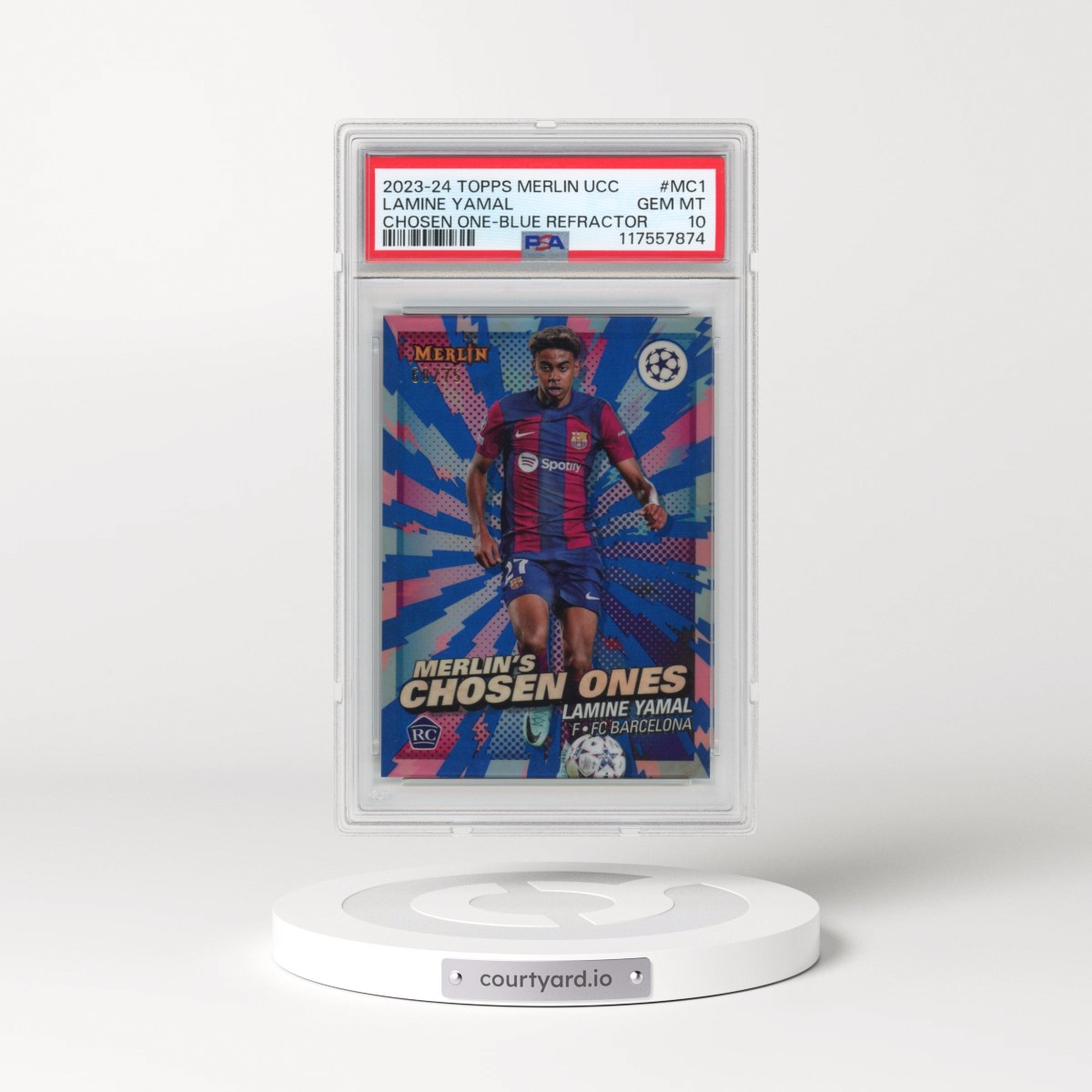 2023-24 Topps Merlin UEFA Club Competitions Merlin's Chosen Ones #MC1 Lamine Yamal - Blue Refractor (PSA 10 GEM MINT)