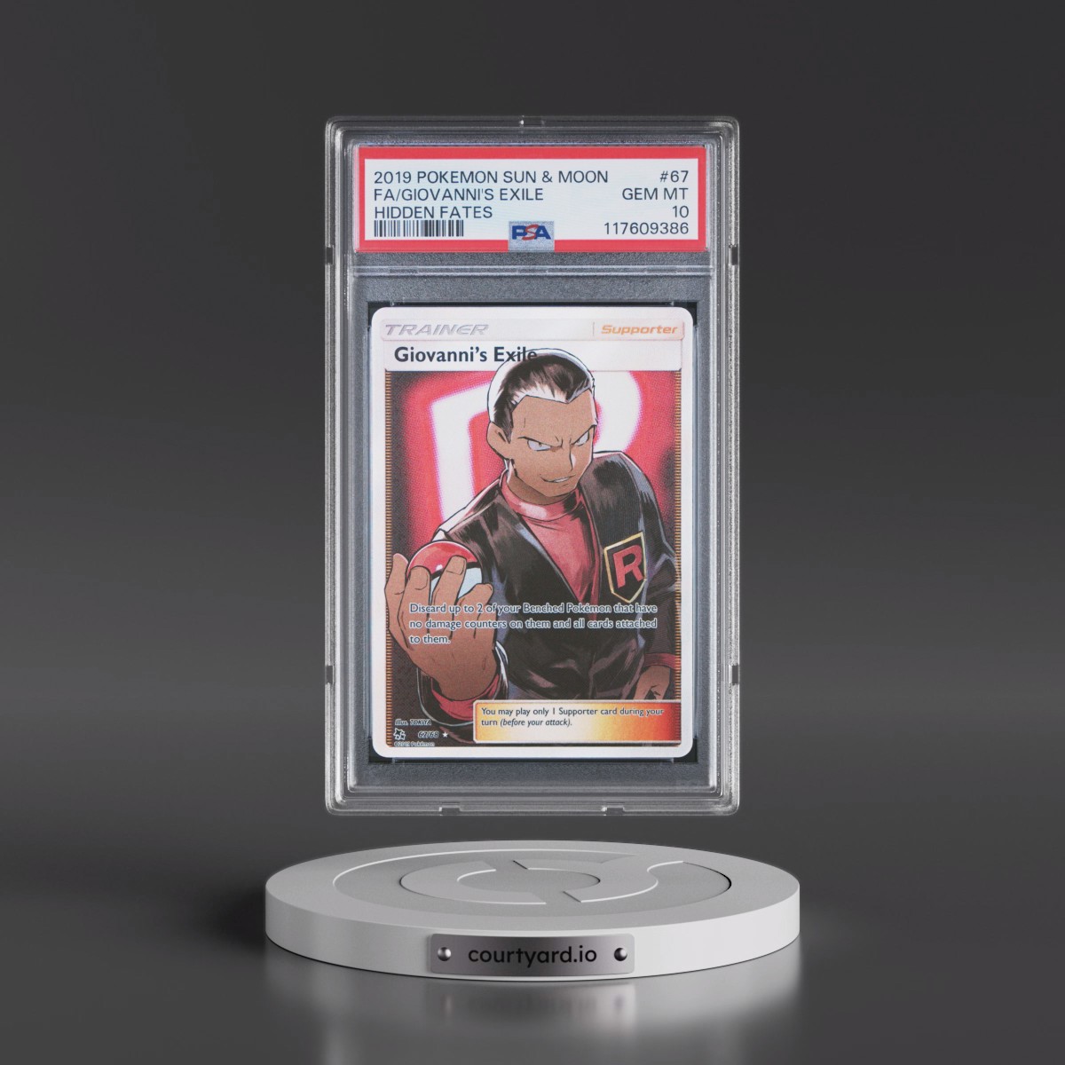 2019 Pokémon Sun & Moon Hidden Fates #67 Giovanni's Exile - Full Art (PSA 10 GEM MINT)