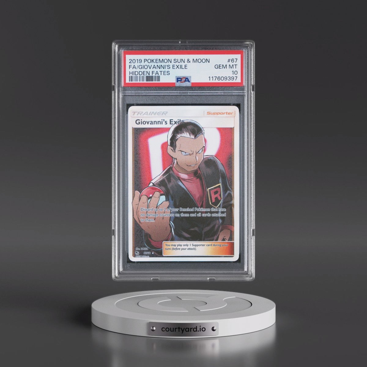 2019 Pokémon Sun & Moon Hidden Fates #67 Giovanni's Exile - Full Art (PSA 10 GEM MINT)