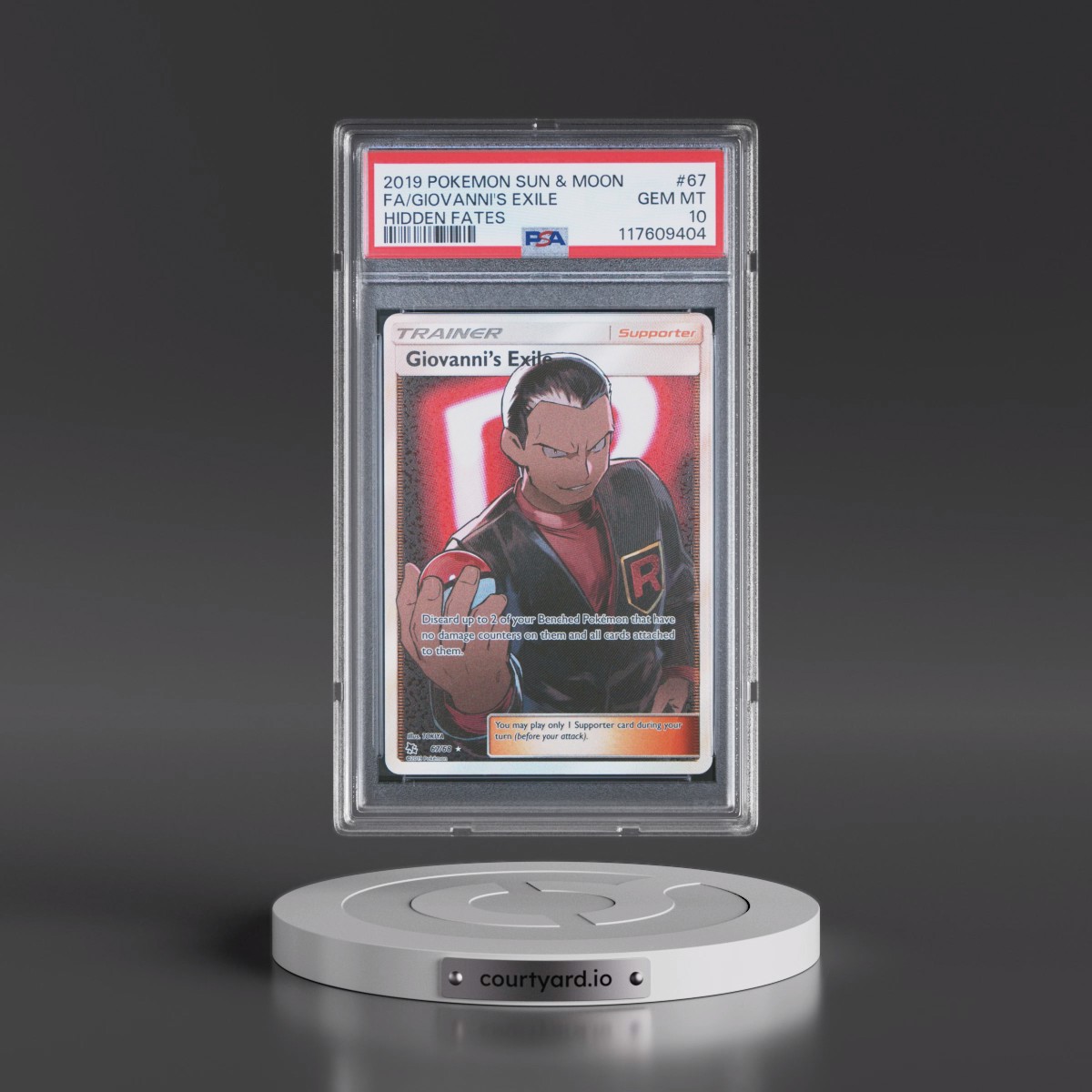 2019 Pokémon Sun & Moon Hidden Fates #67 Giovanni's Exile - Full Art (PSA 10 GEM MINT)