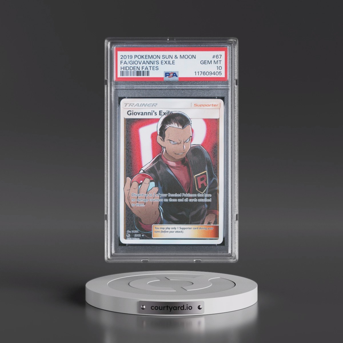 2019 Pokémon Sun & Moon Hidden Fates #67 Giovanni's Exile - Full Art (PSA 10 GEM MINT)