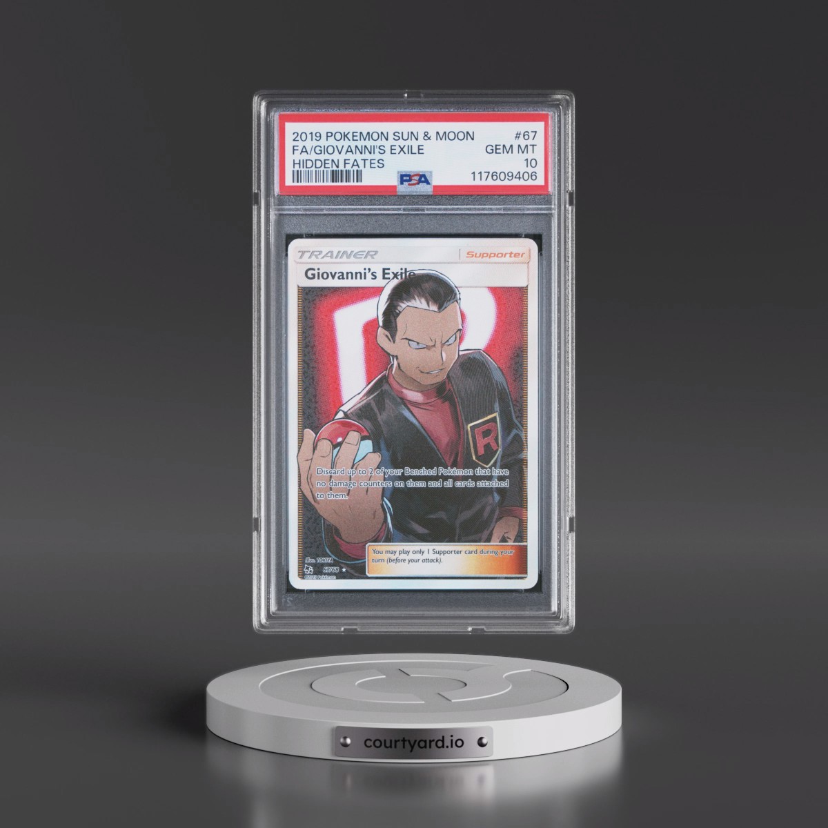 2019 Pokémon Sun & Moon Hidden Fates #67 Giovanni's Exile - Full Art (PSA 10 GEM MINT)