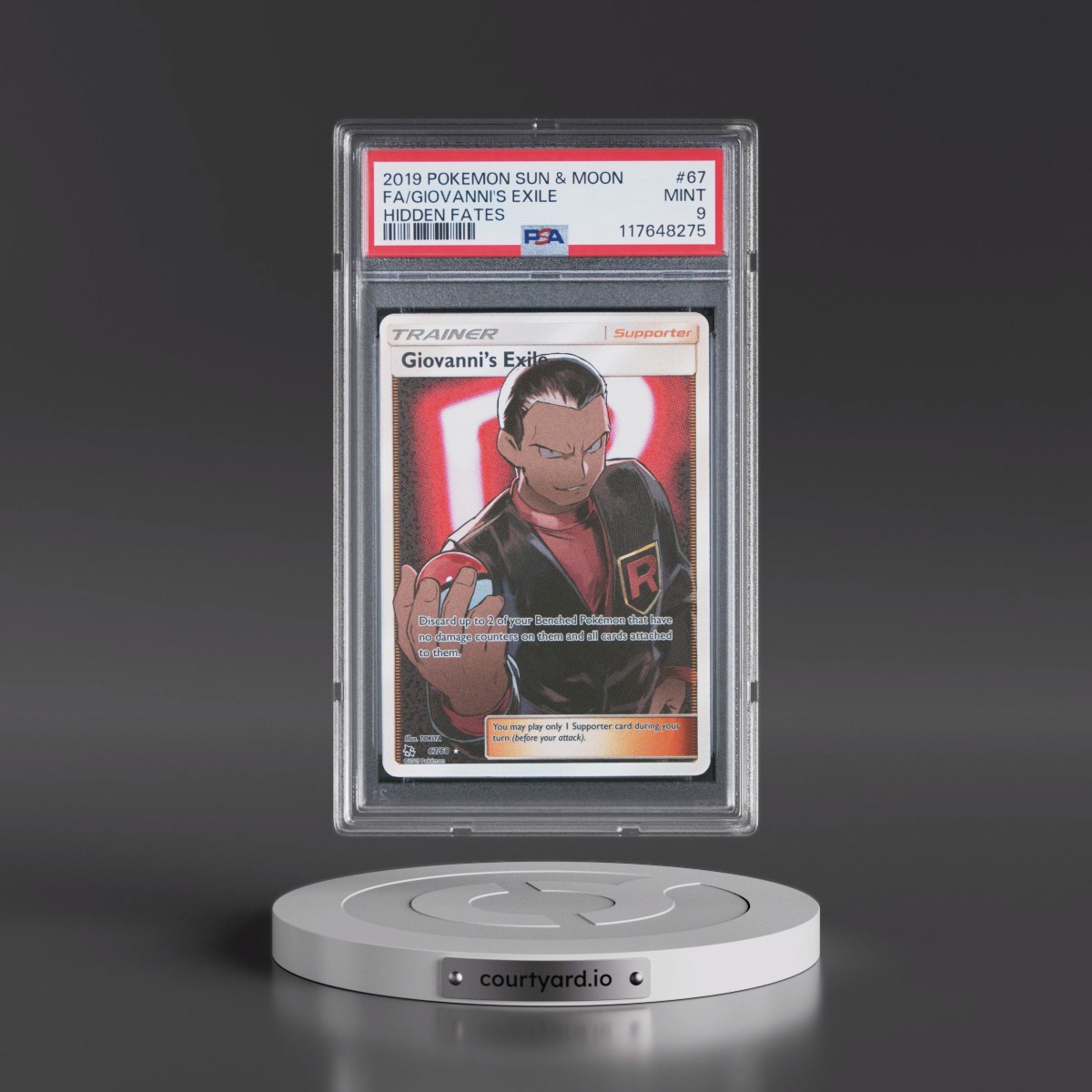 2019 Pokémon Sun & Moon Hidden Fates #67 Giovanni's Exile - Full Art (PSA 9 MINT)