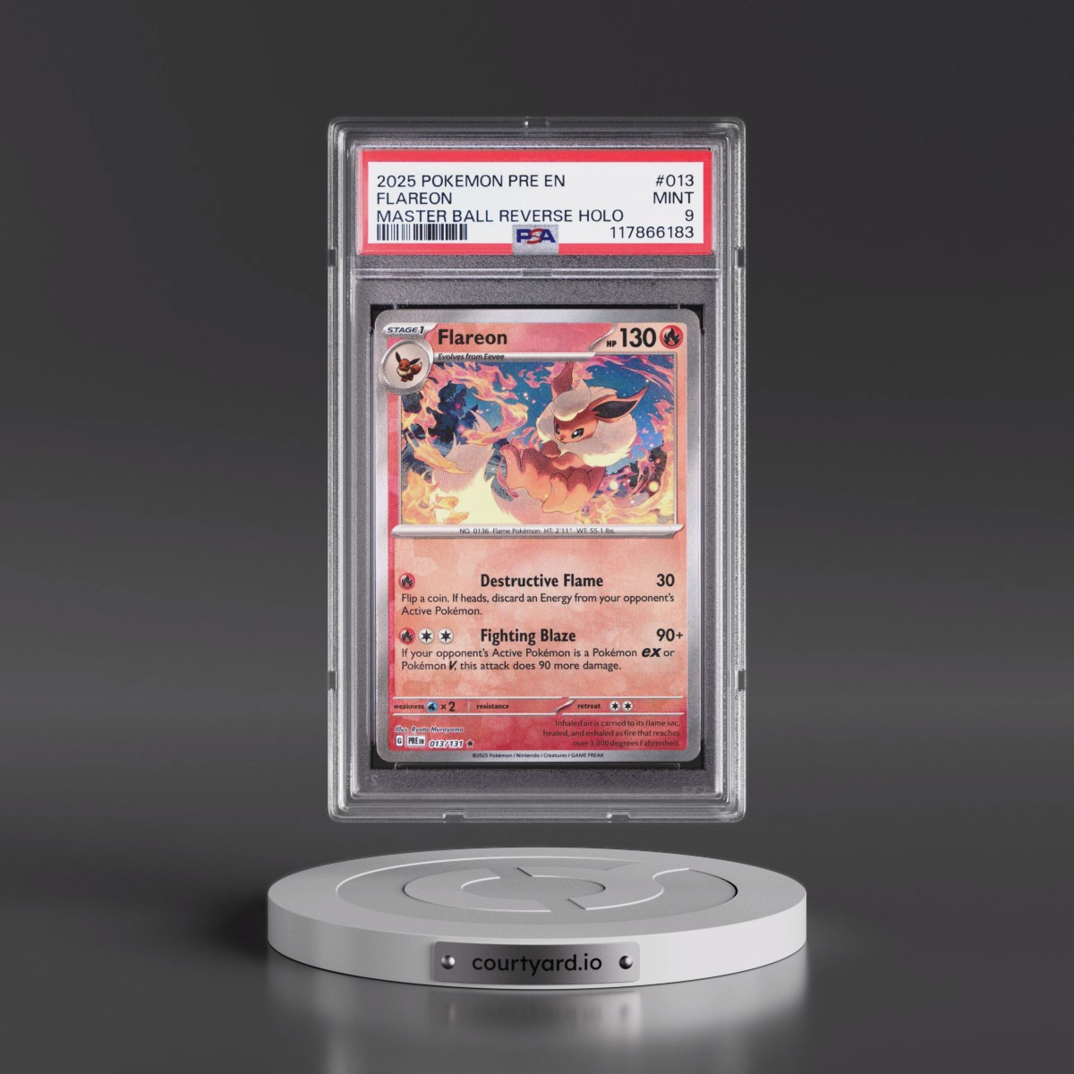 2025 Pokémon Pre EN-Prismatic Evolutions #013 Flareon - Reverse Holo Master Ball (PSA 9 MINT)