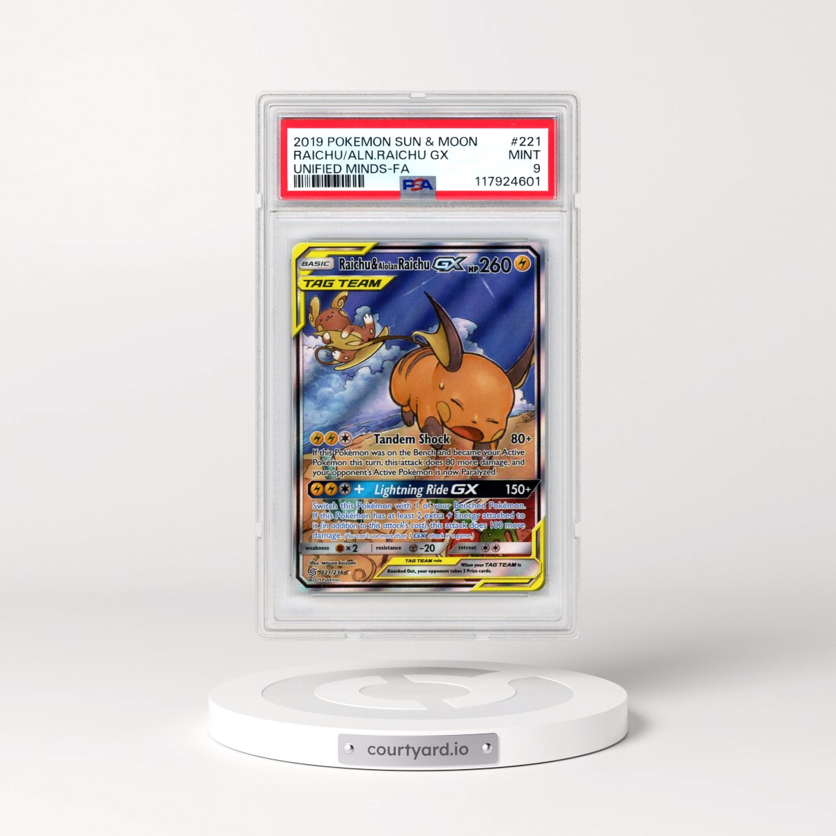2019 Pokémon Sun & Moon Unified Minds #221 Raichu & Alolan Raichu GX - Holo Full Art (PSA 9 MINT)